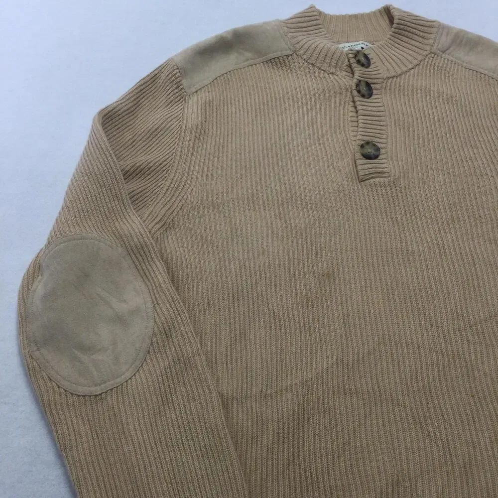 Banana Republic Sweater Mens 2XL Beige Henley Mock Neck Suede Elbow Patches Knit